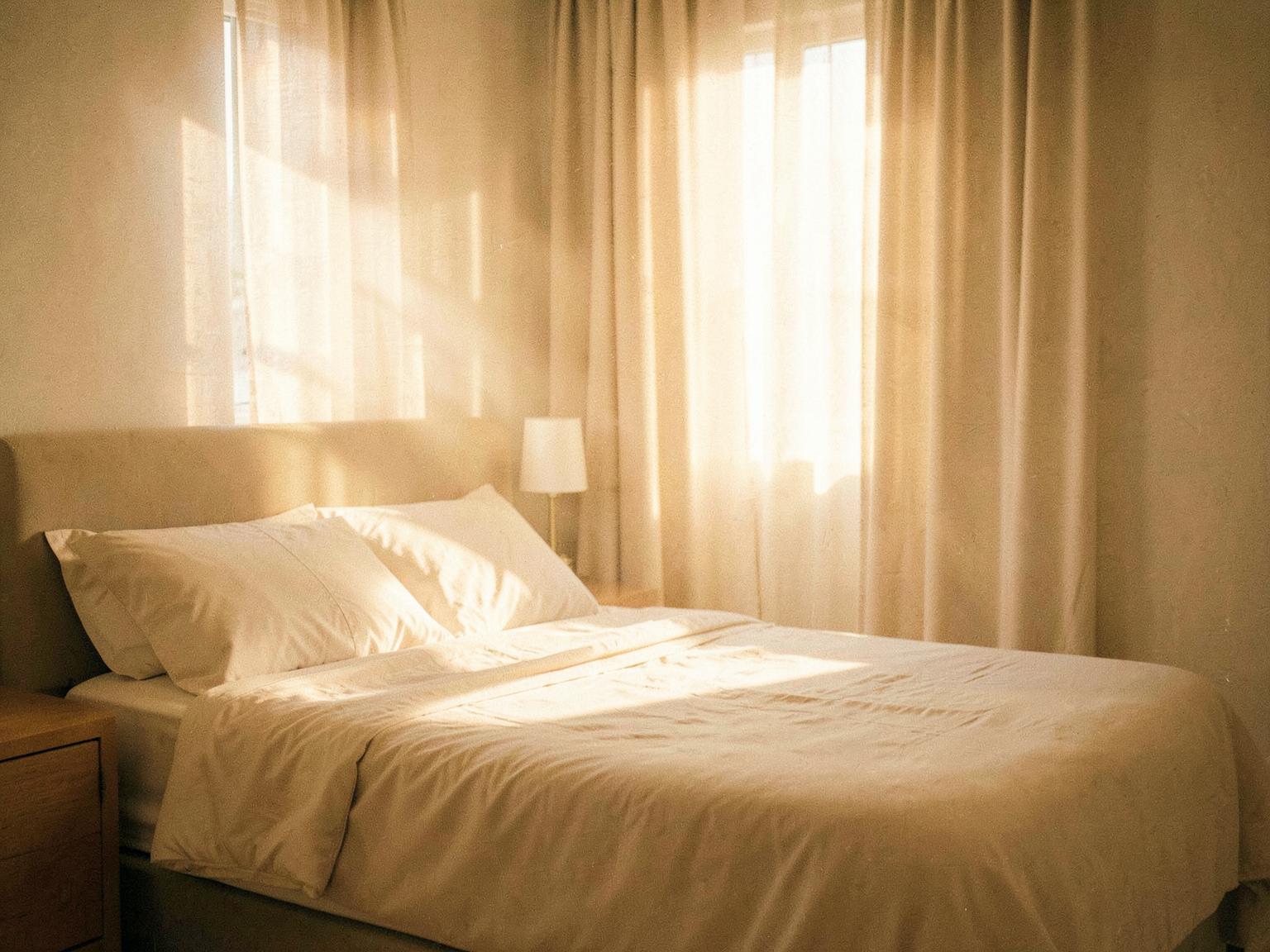Frisch gemachtes Bett im warmen goldenen Morgenlicht