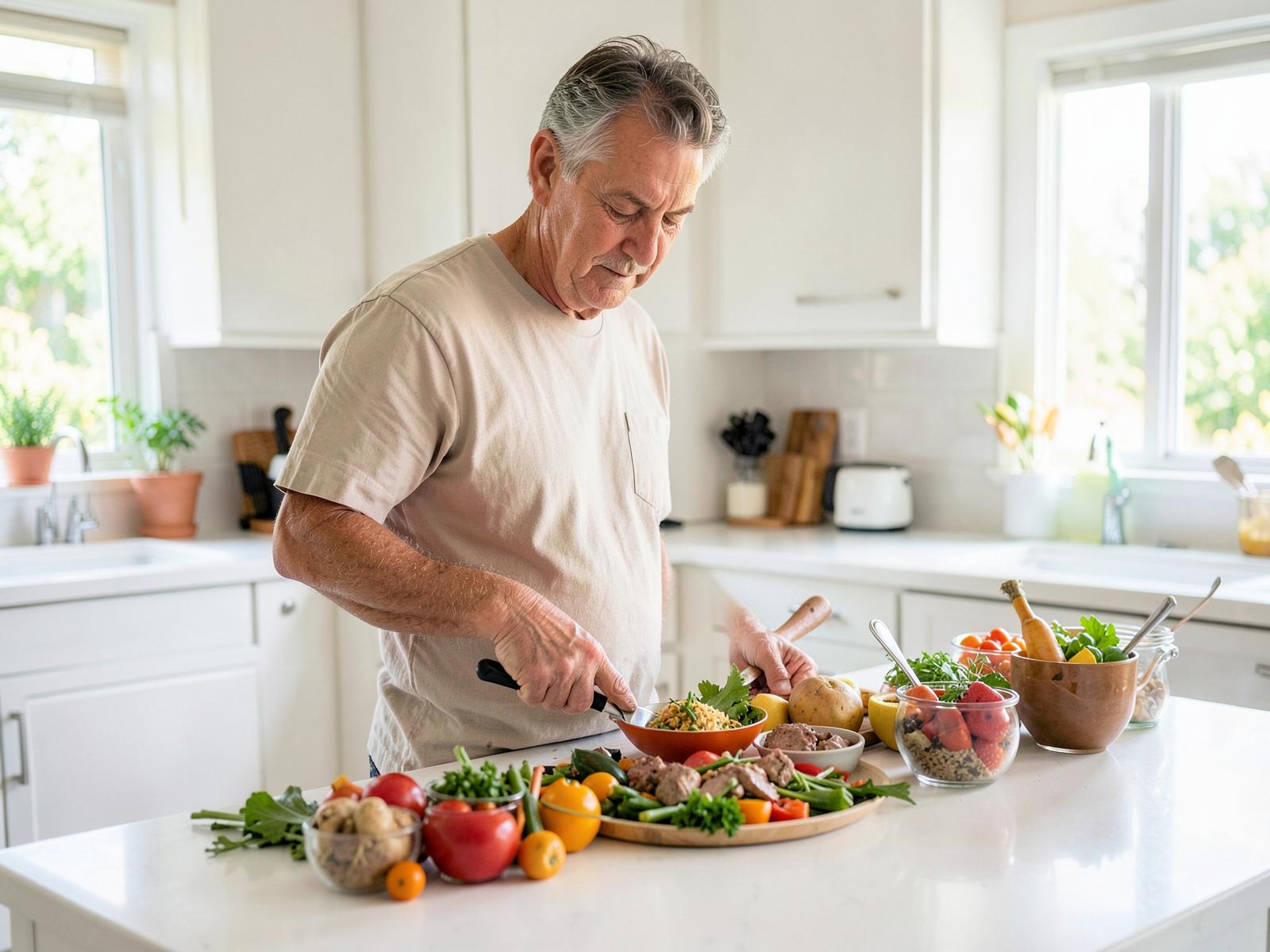 Mann um die 55 bereitet in einer hellen Küche eine gesunde Mahlzeit zu
